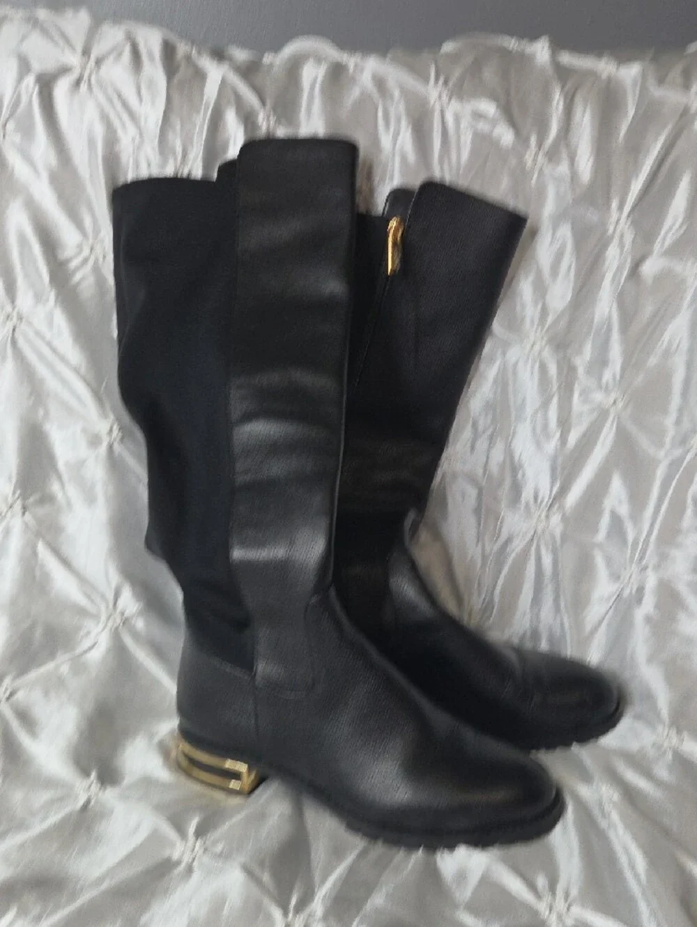 Michael Kors Black Over-the-Knee Leather Boots with Gold Heel Accent